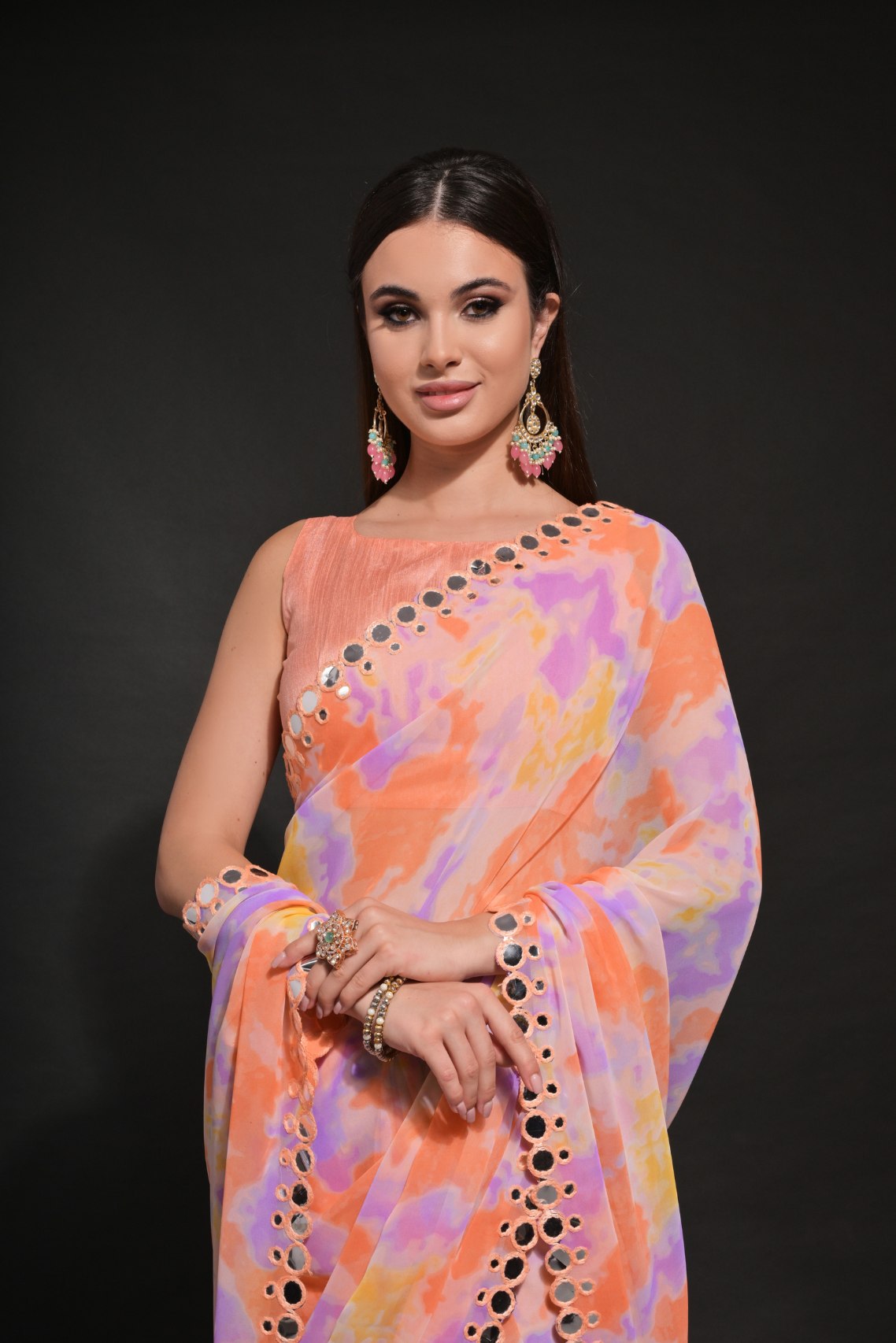 Buy MySilkLove Apricot Orange Printed Georgette Saree Online