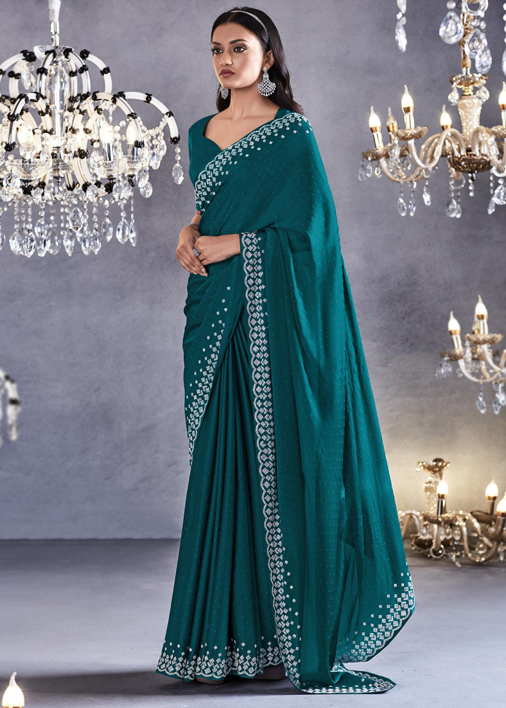 MySilkLove Tarawera Green Woven Embroidered Satin Silk Saree