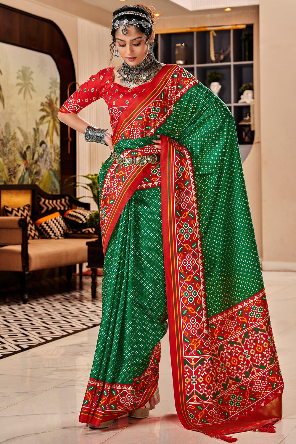 Buy MySilkLove Amazon Green and Red Printed Patola Saree Online