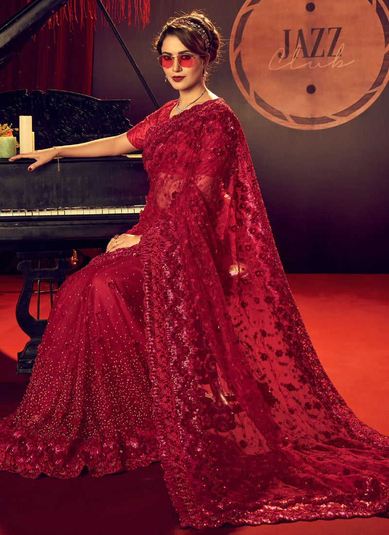 Red color Georgette with Embroidery Sequence work party wear look saree  collection at best rate