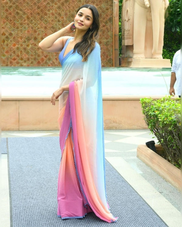 Alia Bhatt Inspired pink and blue soft georgette partywear saree