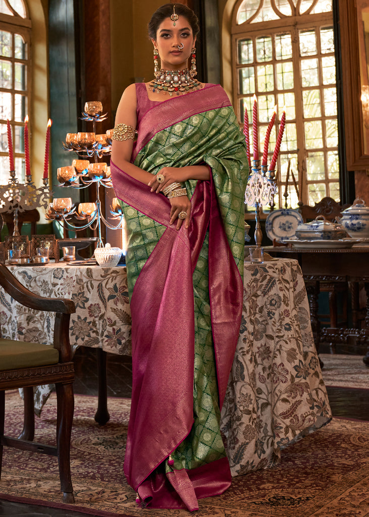 MySilkLove Verdigris Green and Pink Woven Kanjivaram Saree