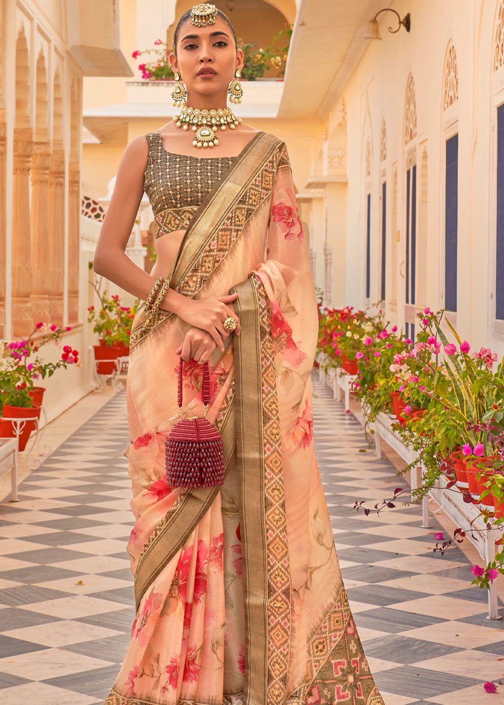 Buy MySilkLove Plum Peach Woven Printed Chiffon Patola Silk Saree Online