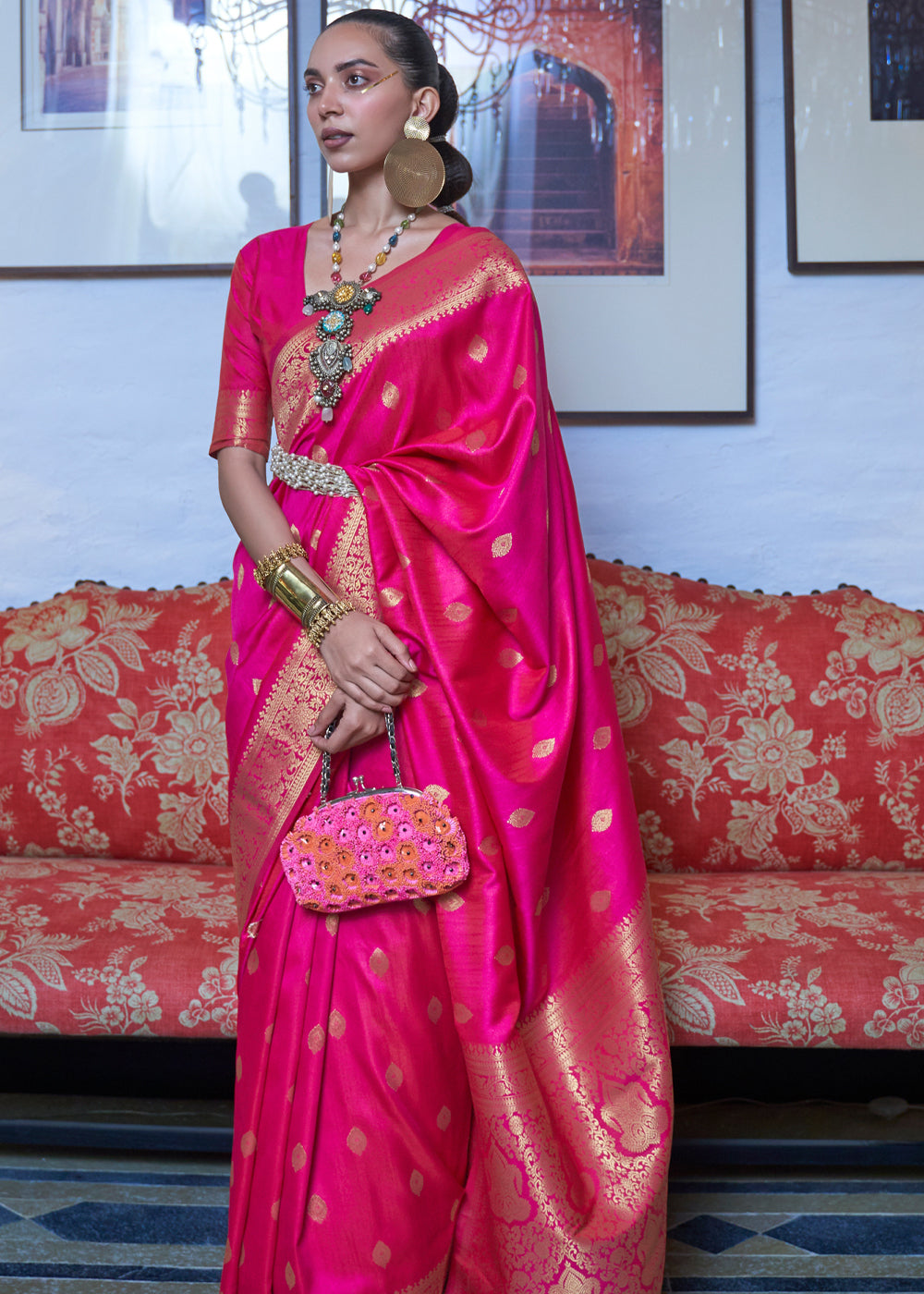 Buy MySilkLove Crimson Pink Dual Tone Zari Woven Banarasi Saree Online