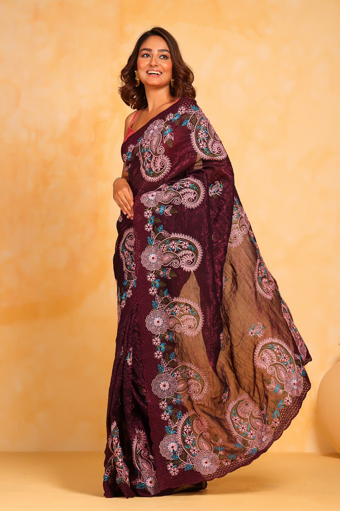 Buy MySilkLove Cocao Bean Purple Embroidered Georgette Saree Online