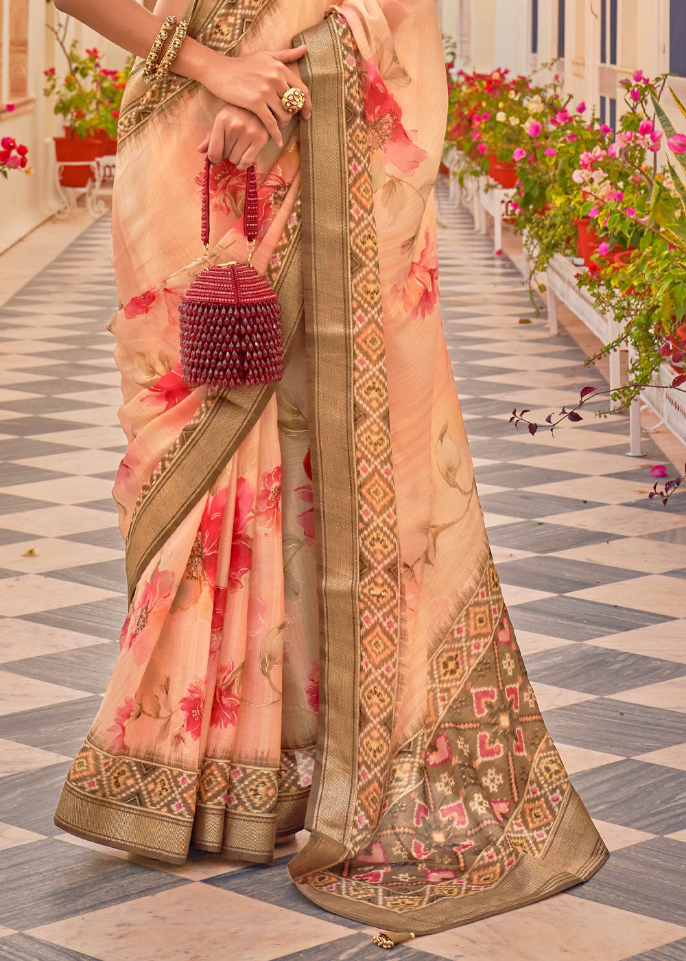 Buy MySilkLove Plum Peach Woven Printed Chiffon Patola Silk Saree Online