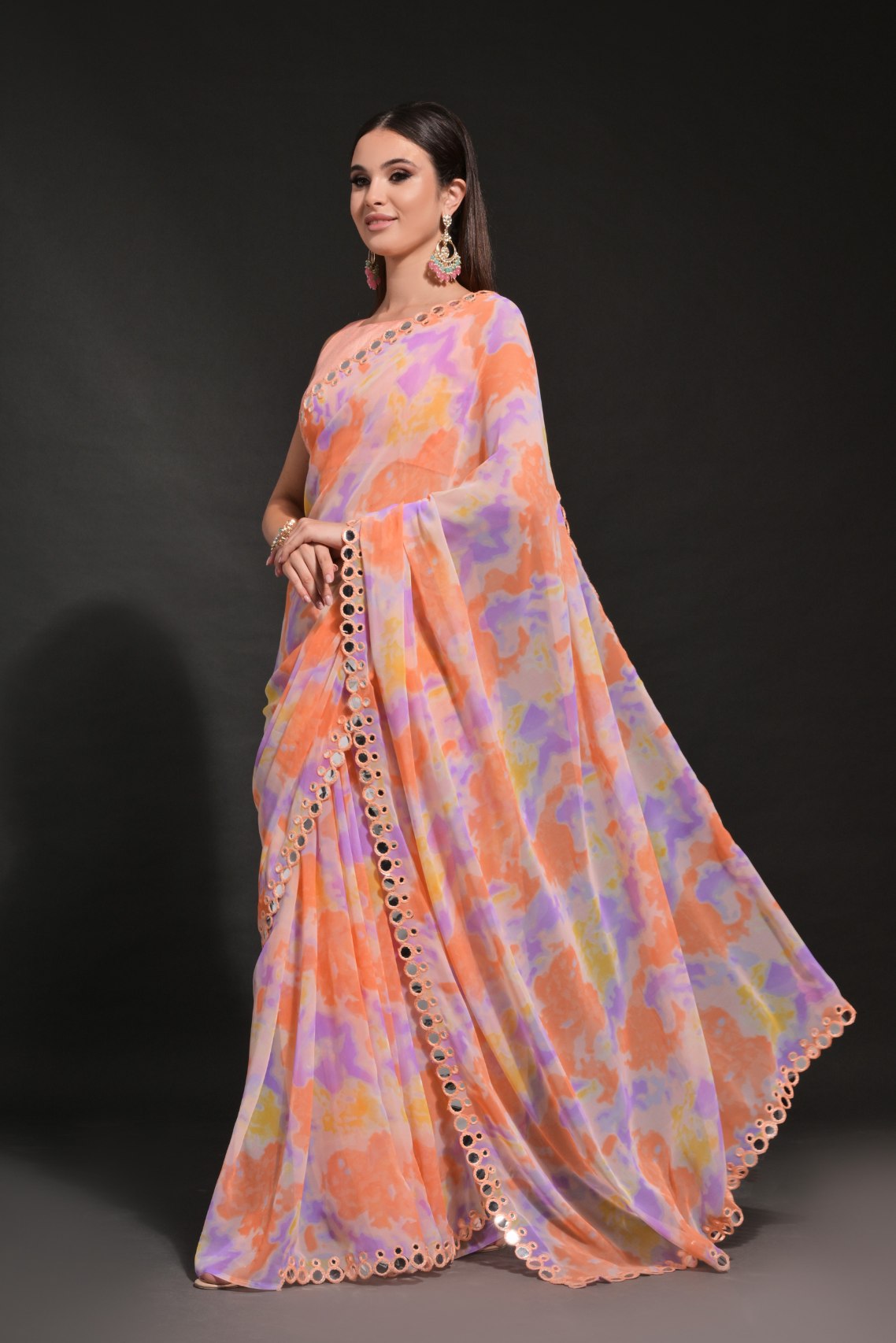 Buy MySilkLove Apricot Orange Printed Georgette Saree Online