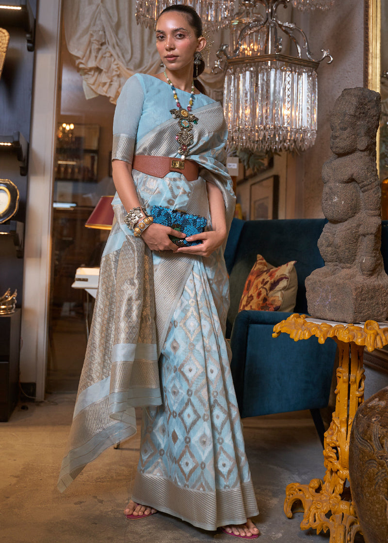 Cadet Blue Woven Banarasi Linen Silk Saree