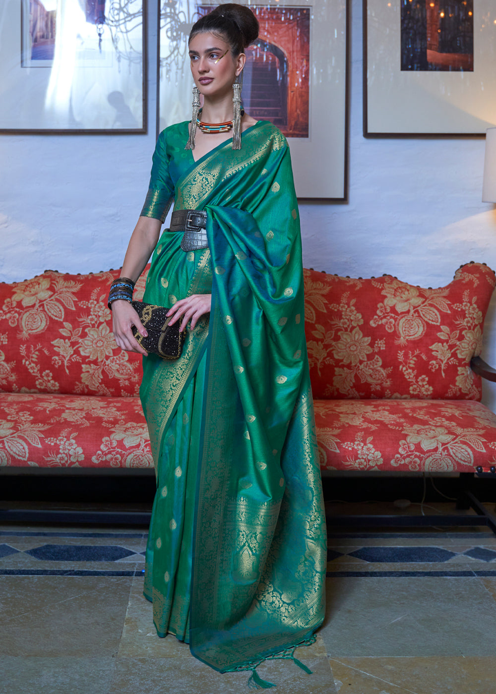 Buy MySilkLove Genoa Green Dual Tone Zari Woven Banarasi Saree Online