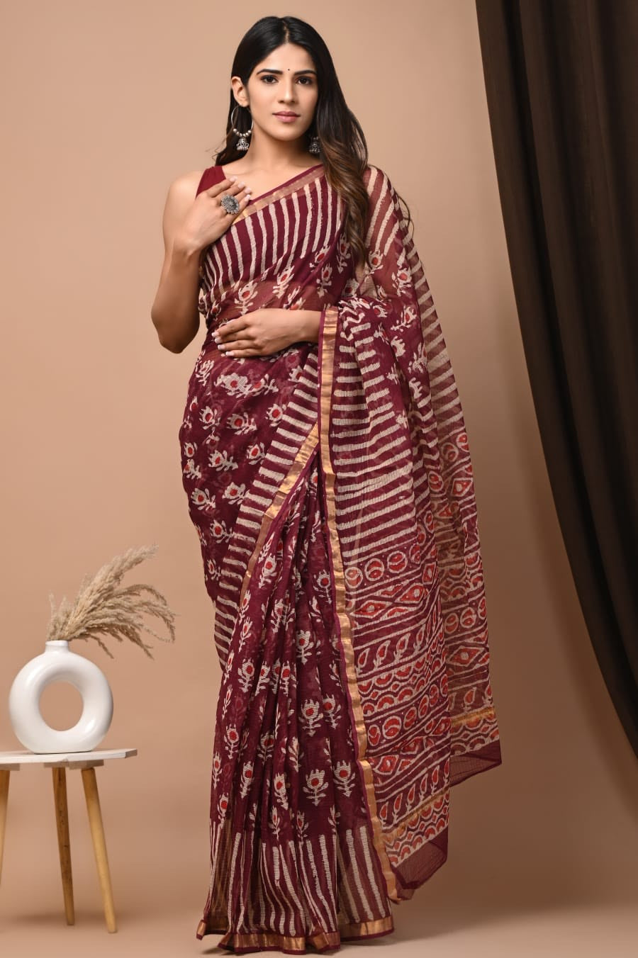 Buy MySilkLove Solid Brown Handblock Kota Doriya Saree Online