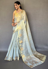 Pumice Light Blue Zari Woven Banarasi Tissue Silk Saree