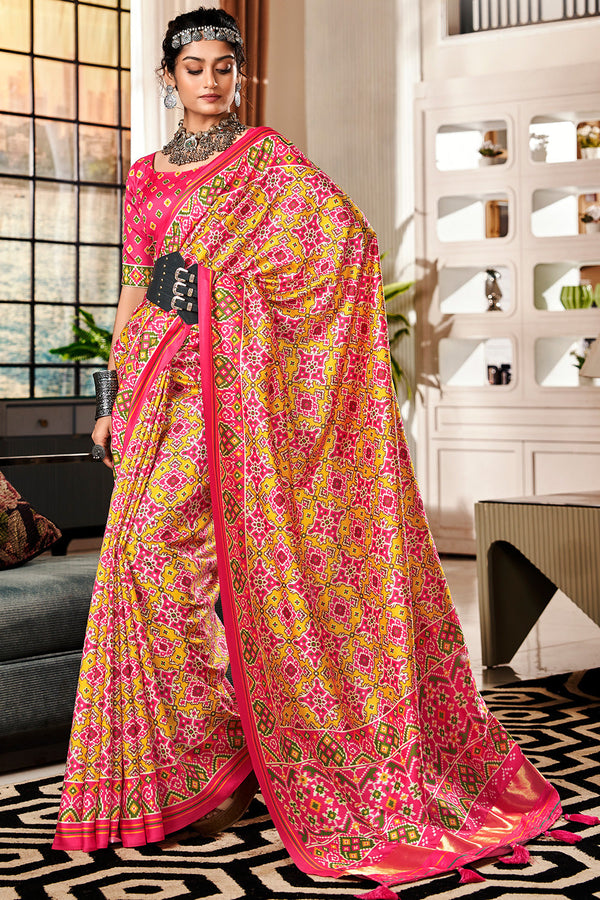 Equator Yellow and Pink Printed Patola Saree