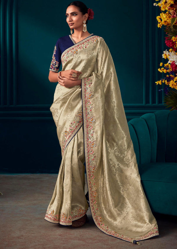 Hampton Cream Woven Embroidered Banarasi Silk Saree