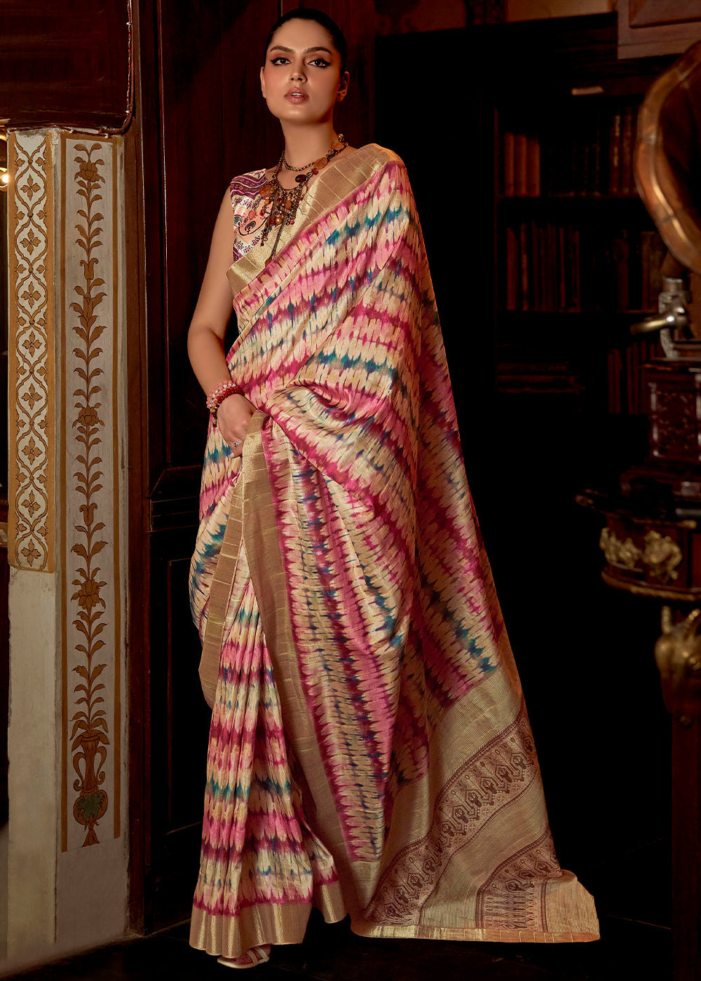 MySilkLove Penny Pink Printed Banarasi Saree