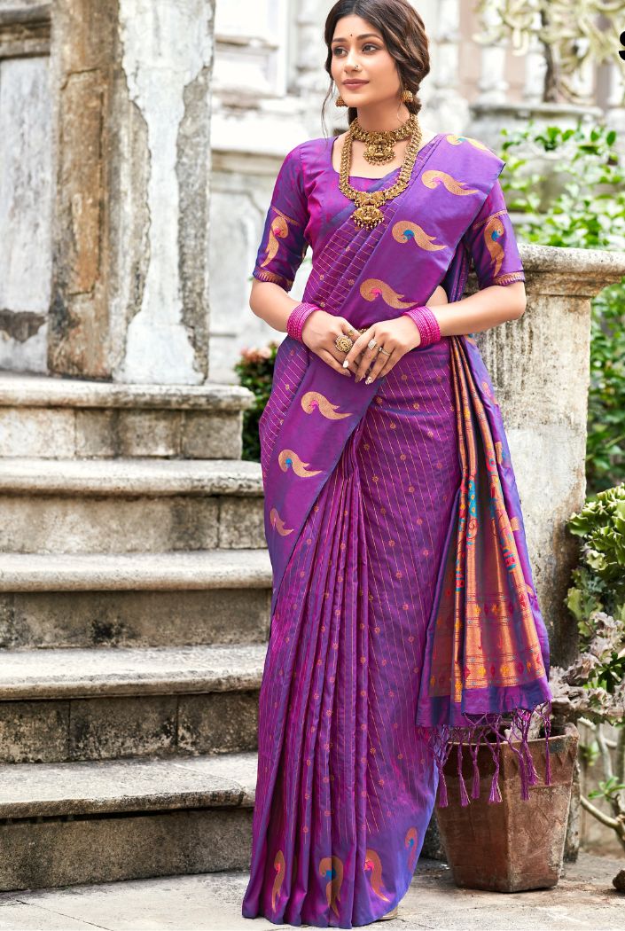 Buy MySilkLove Midnight Pearl Purple Woven Paithani Silk Saree Online