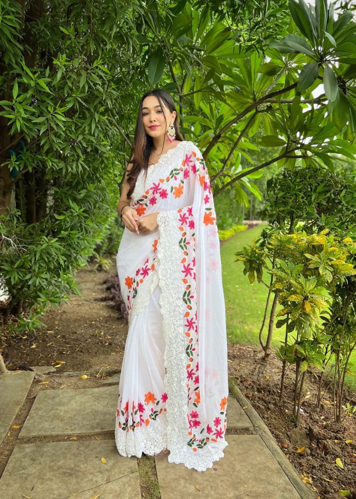 Buy MySilkLove Porcelain White Georgette Embroidered Woven Thread and Shiffli Work Saree Online