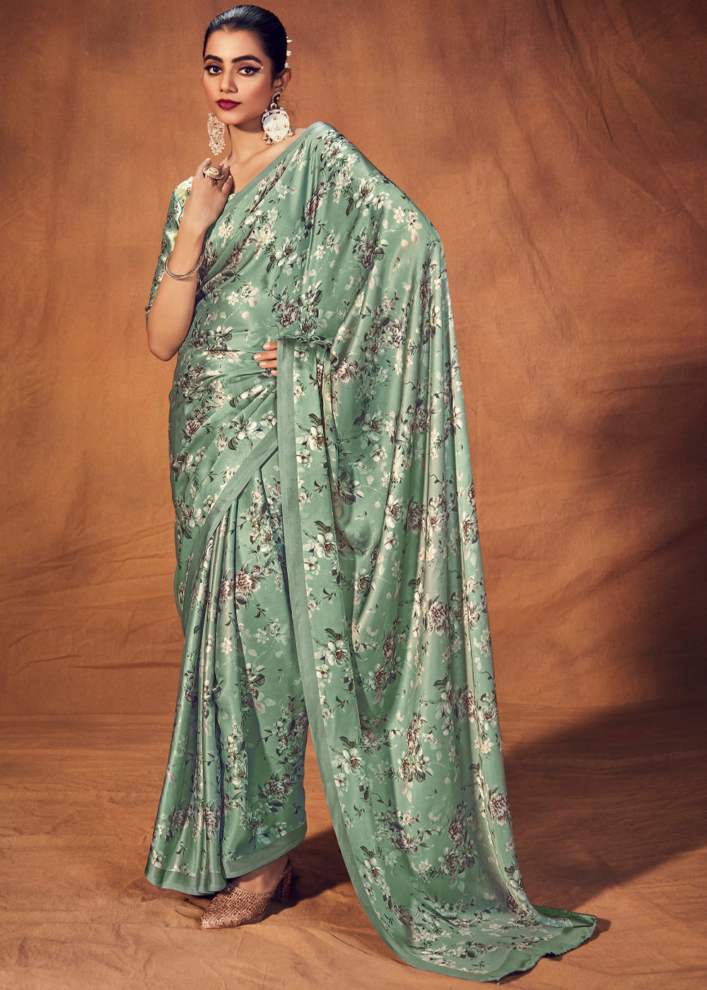 Buy MySilkLove Battleship Green Digital Printed Satin Silk Saree Online