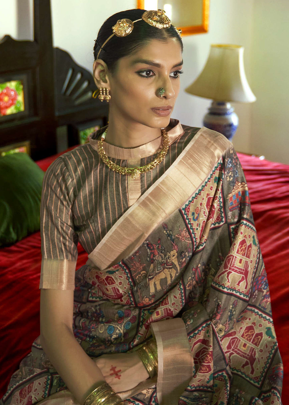 Buy MySilkLove Thatch Brown and Green Designer Printed Silk Saree Online