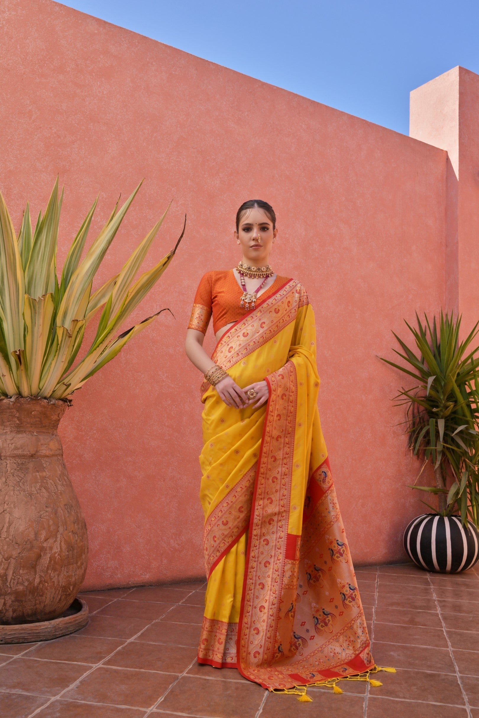 Buy MySilkLove Anzac Yellow and Orange Zari Woven Paithani Saree Online