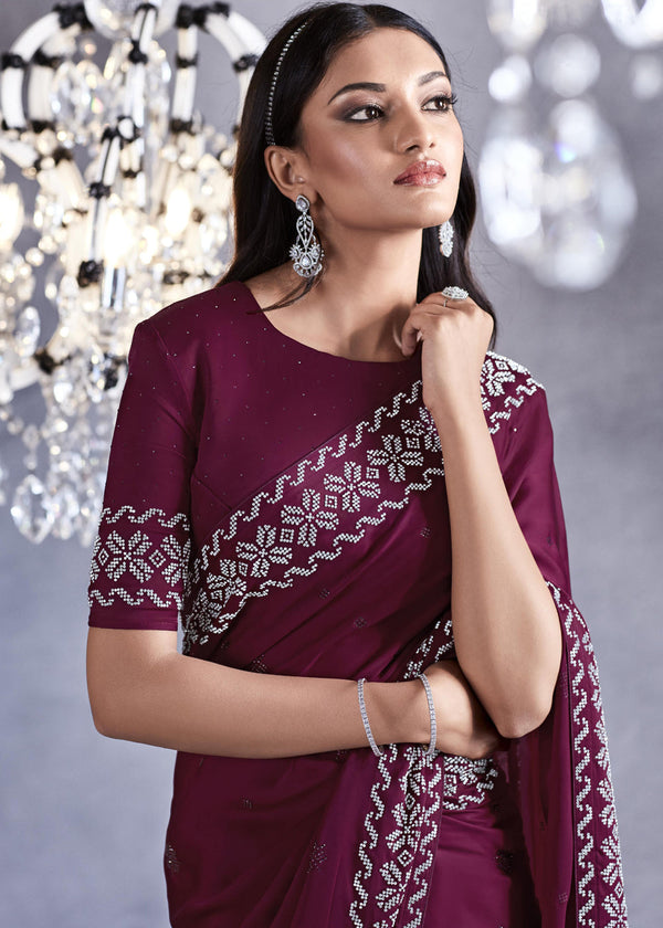 Au Chico Purple Woven Embroidered Satin Silk Saree