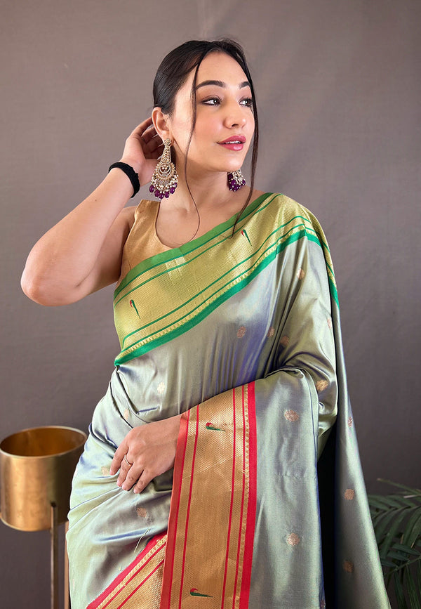 Lime Green Woven Paithani Saree