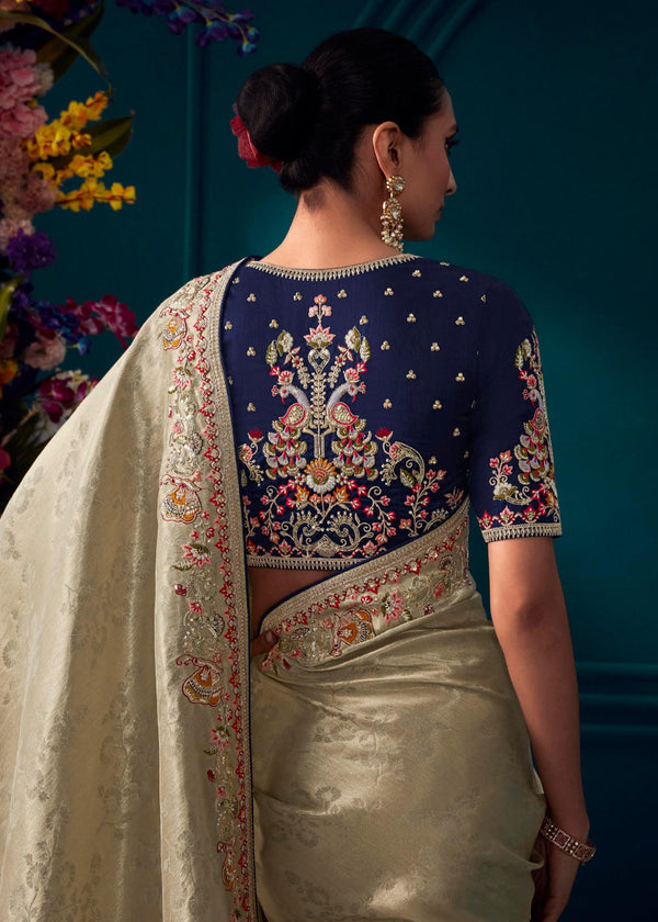 Hampton Cream Woven Embroidered Banarasi Silk Saree