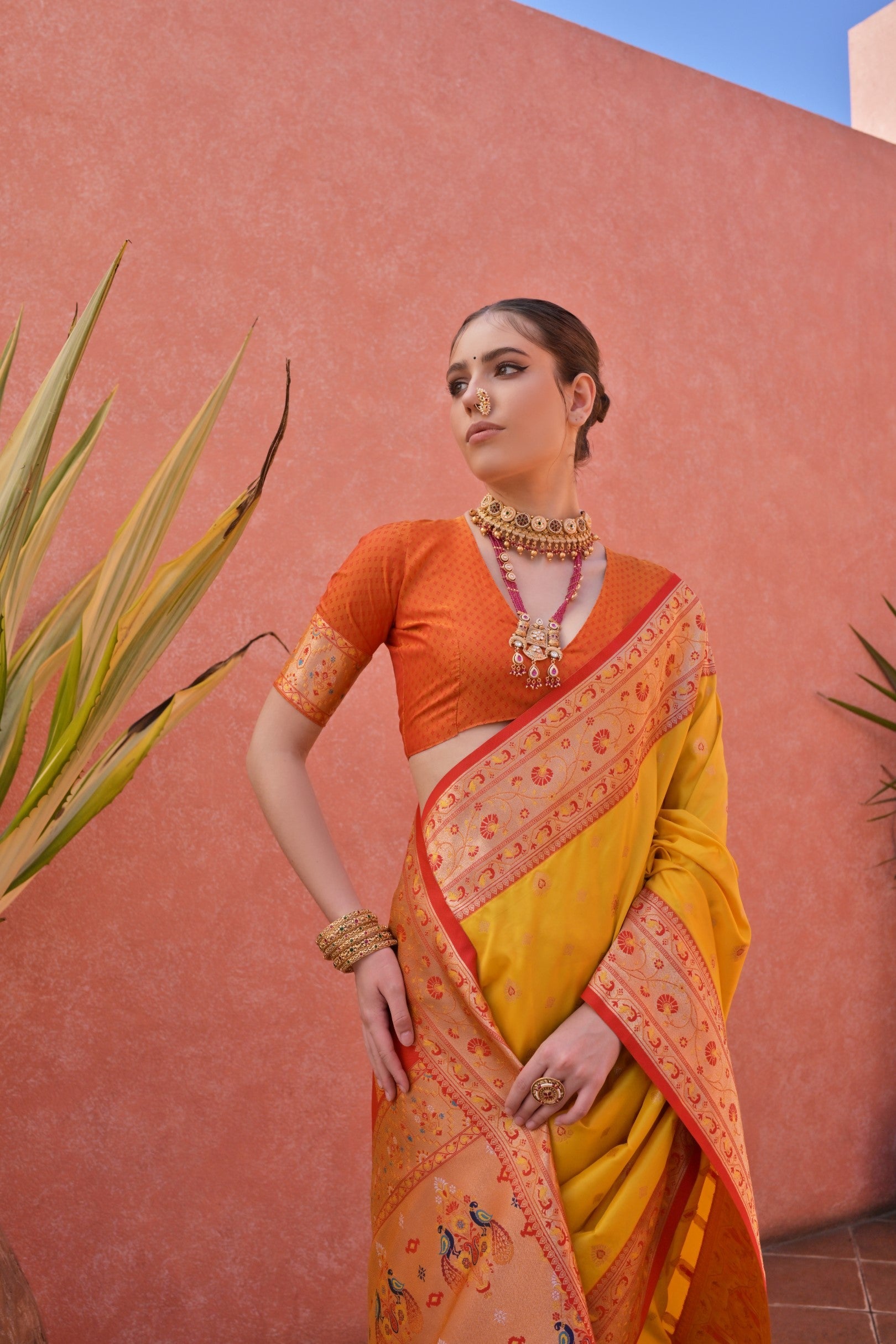 Buy MySilkLove Anzac Yellow and Orange Zari Woven Paithani Saree Online