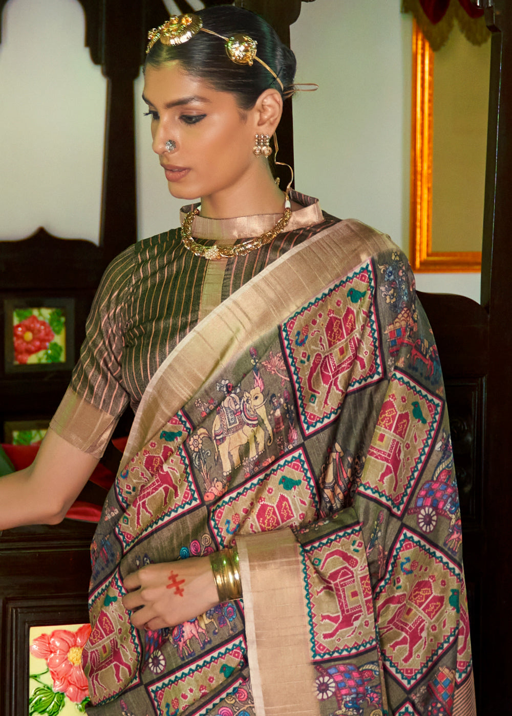 Buy MySilkLove Thatch Brown and Green Designer Printed Silk Saree Online