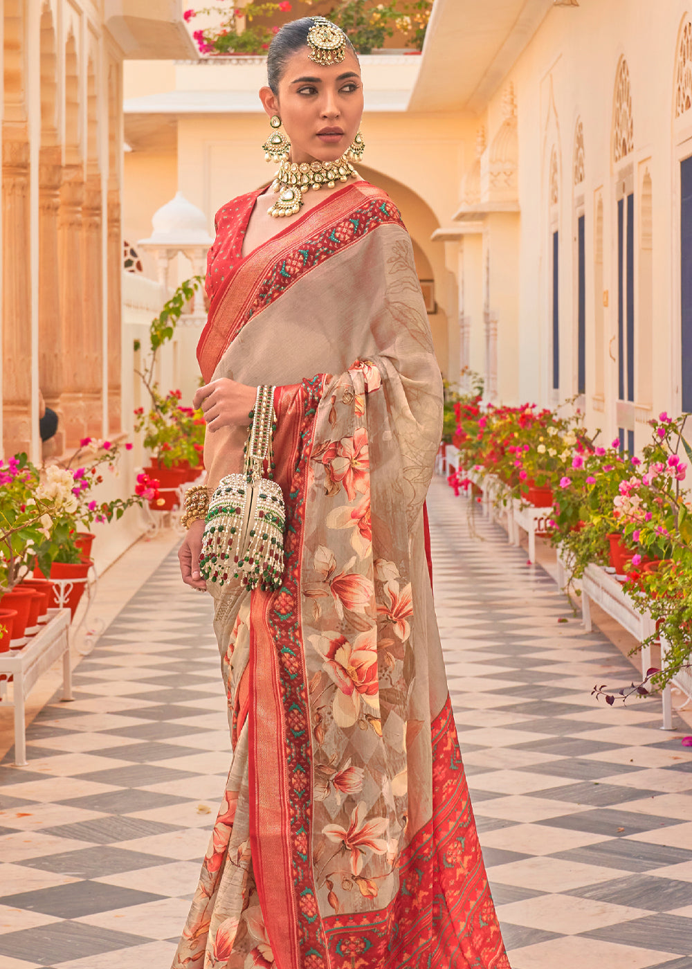 Buy MySilkLove Crail Red Printed Chiffon Patola Silk Saree Online