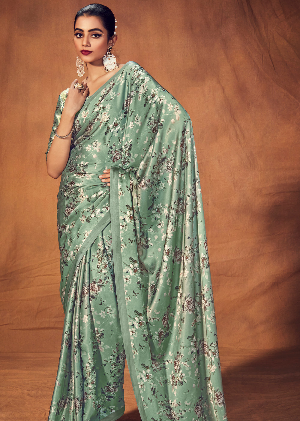 Buy MySilkLove Battleship Green Digital Printed Satin Silk Saree Online