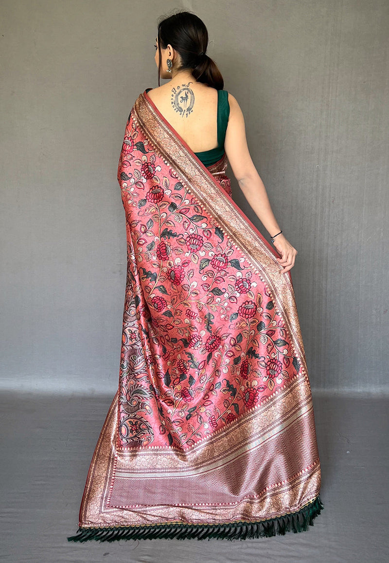 Shimmering Pink Soft Kalamkari Printed Silk Saree