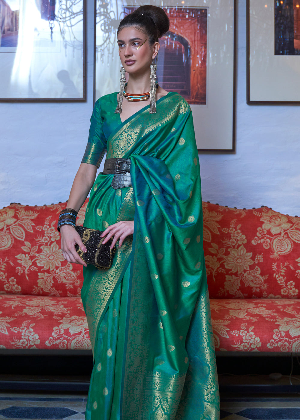 Buy MySilkLove Genoa Green Dual Tone Zari Woven Banarasi Saree Online