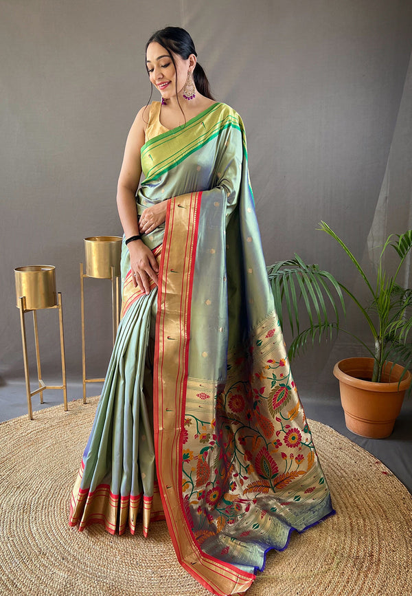 Lime Green Woven Paithani Saree