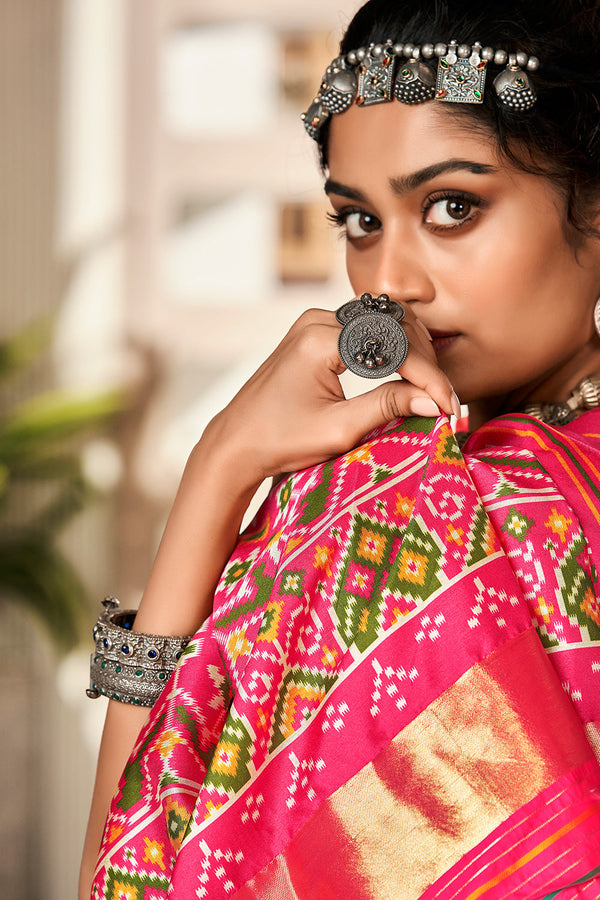 Equator Yellow and Pink Printed Patola Saree