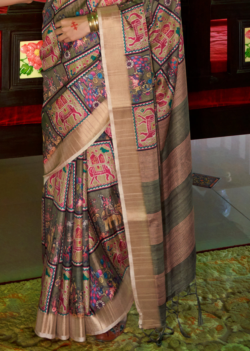 Buy MySilkLove Thatch Brown and Green Designer Printed Silk Saree Online