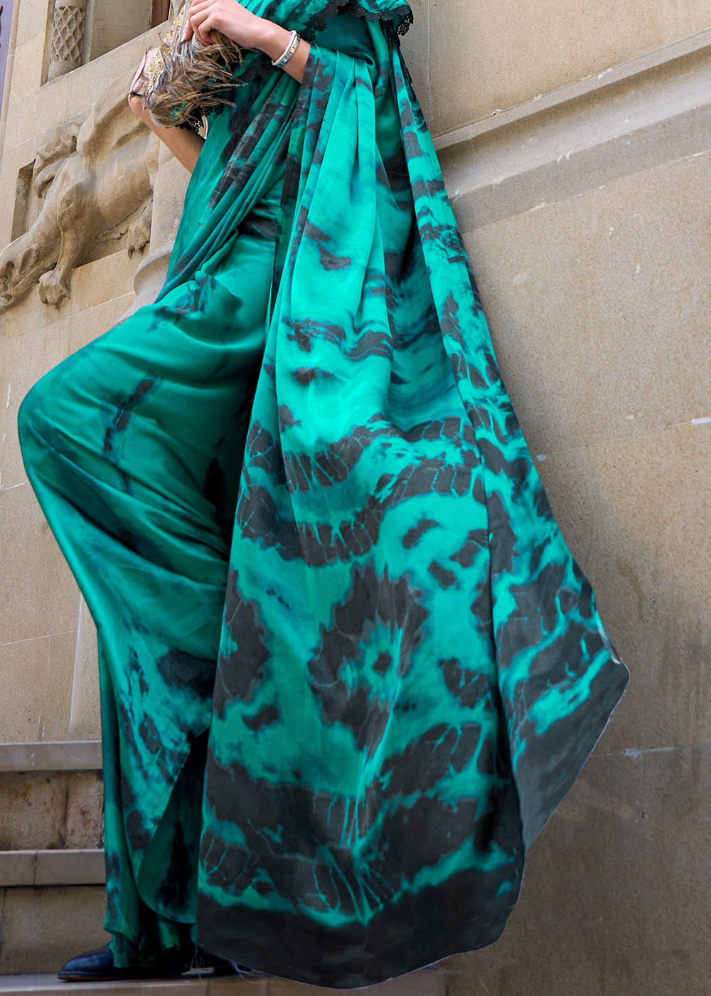 Buy MySilkLove Turquoise Green Printed Satin Crepe Sarees Online