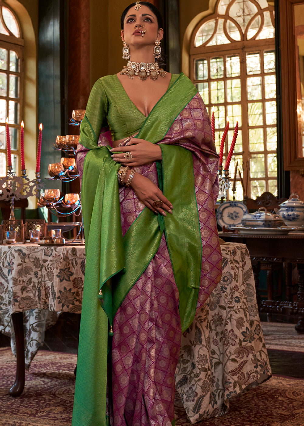 Buy MySilkLove Rust Purple and Green Woven Kanjivaram Saree Online