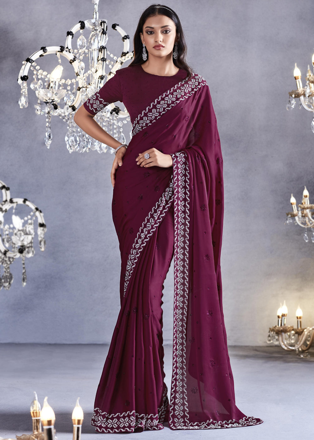 Buy MySilkLove Au Chico Purple Woven Embroidered Satin Silk Saree Online