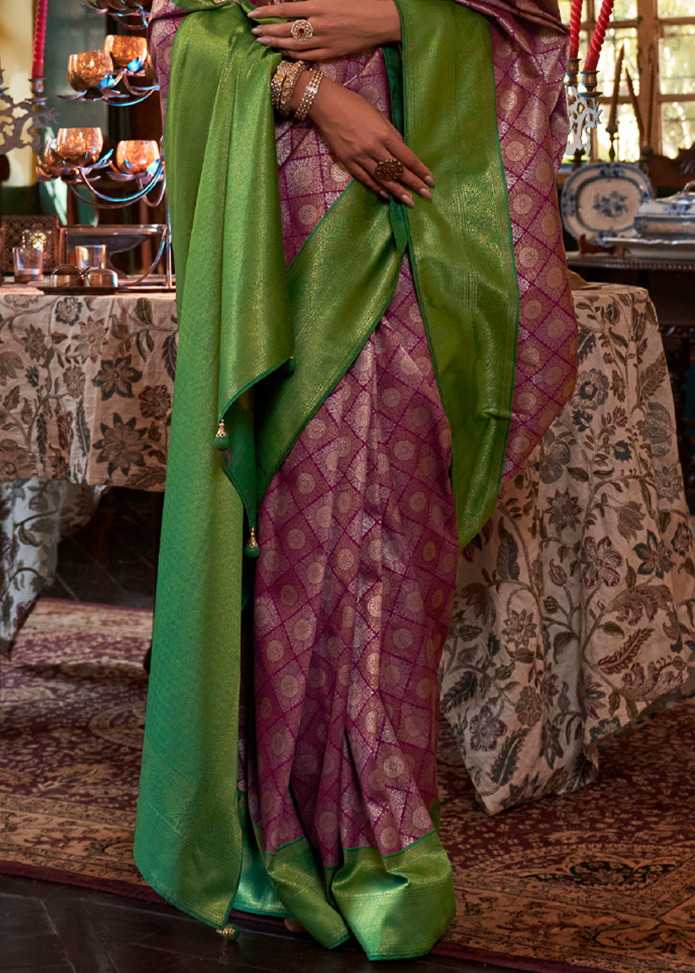 Buy MySilkLove Rust Purple and Green Woven Kanjivaram Saree Online