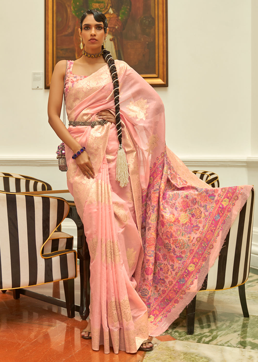 Buy MySilkLove Shimmer Pink Handloom Silk Saree with Kashmiri Pallu Online