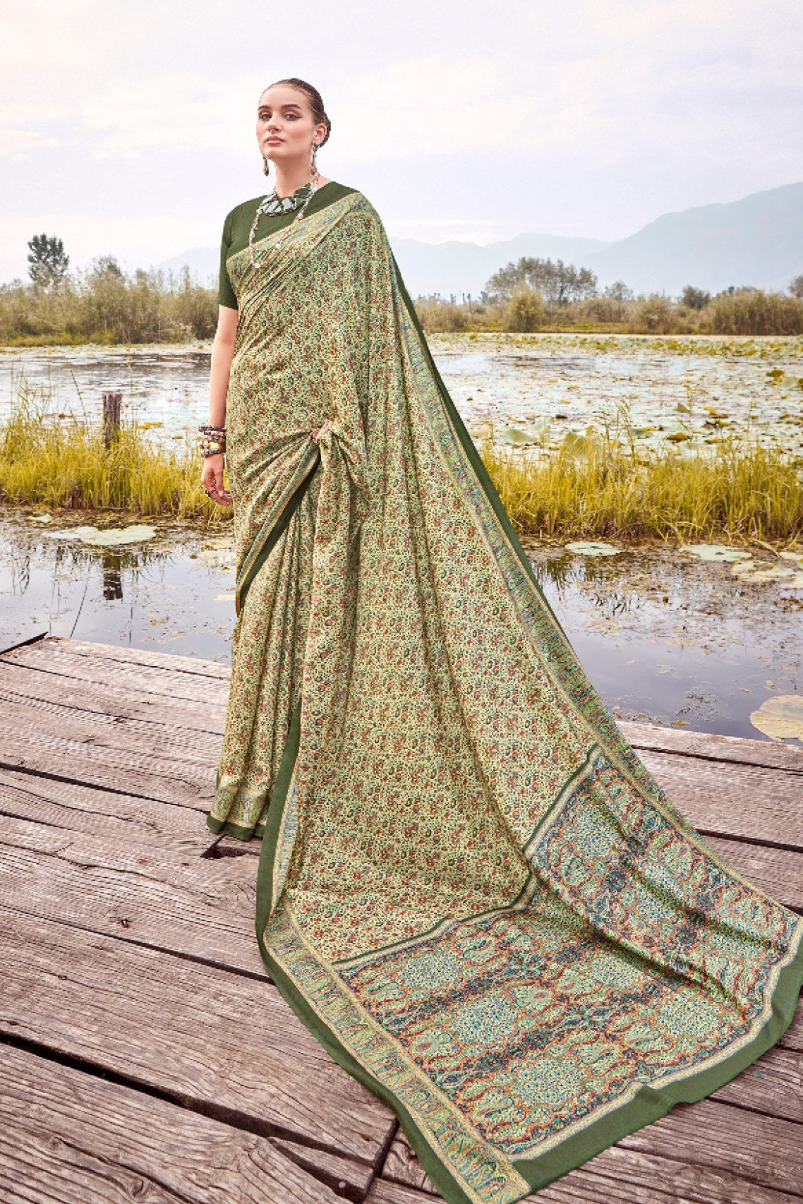 Buy MySilkLove Sandal Green Printed Pashmina Silk Saree Online
