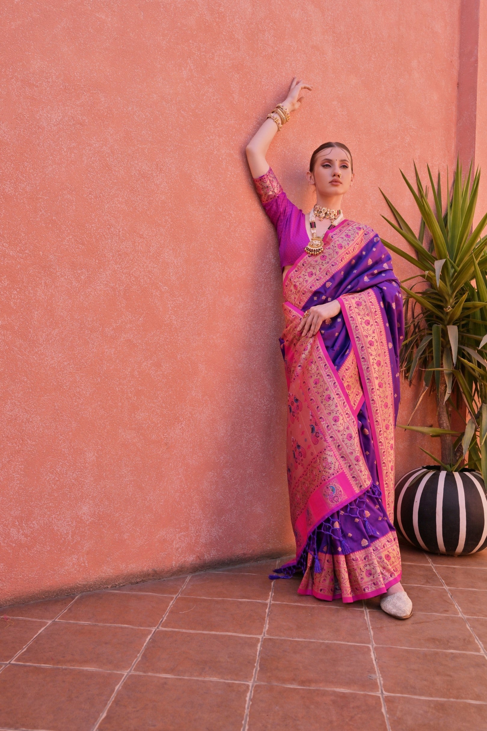 MySilkLove Daisy Bush Purple and Pink Zari Woven Paithani Saree