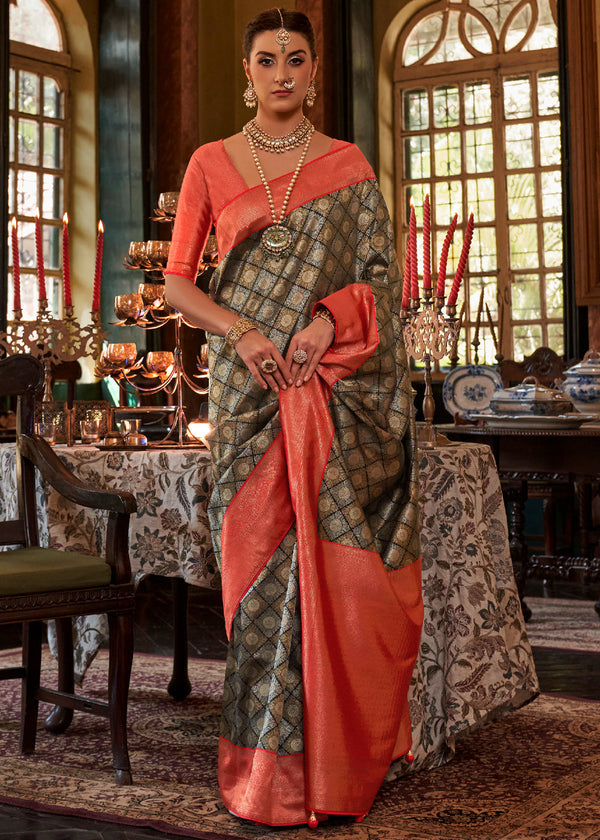 Quincy Black and Red Woven Kanjivaram Saree