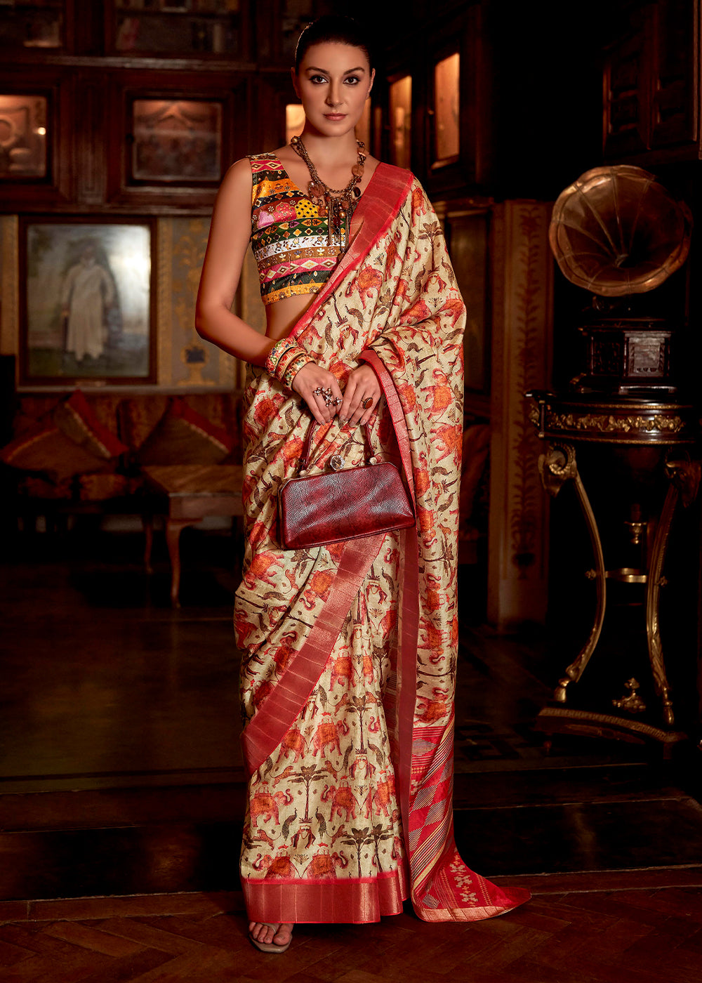 MySilkLove Tumbleweed Cream and Red Printed Banarasi Saree