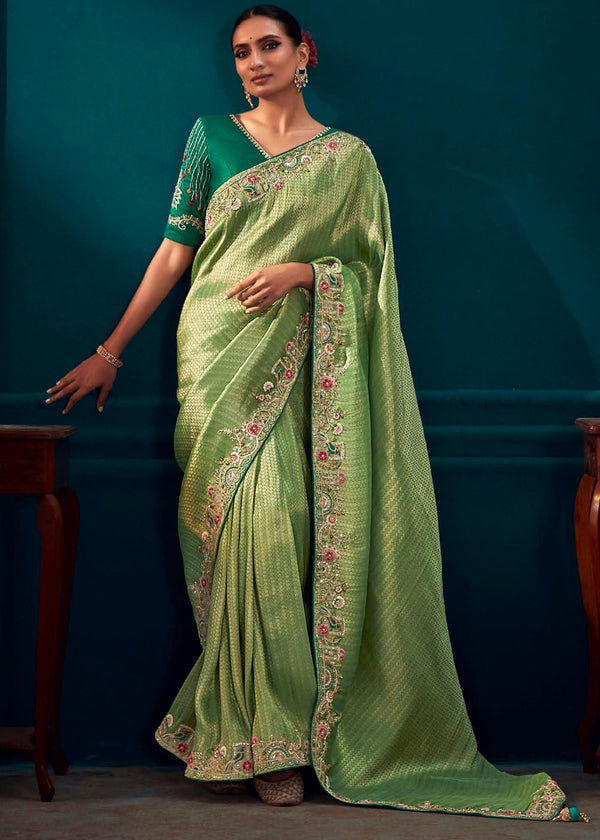 Woodland Green Woven Embroidered Banarasi Silk Saree