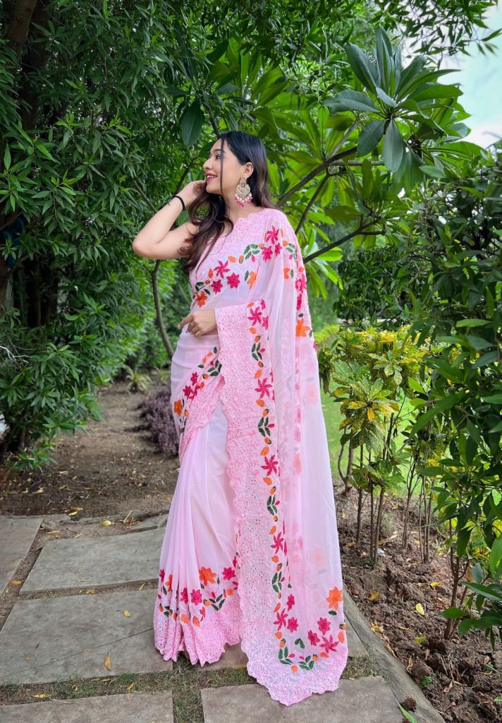 Buy MySilkLove Thistle Pink Georgette Embroidered Woven Thread and Shiffli Work Saree Online