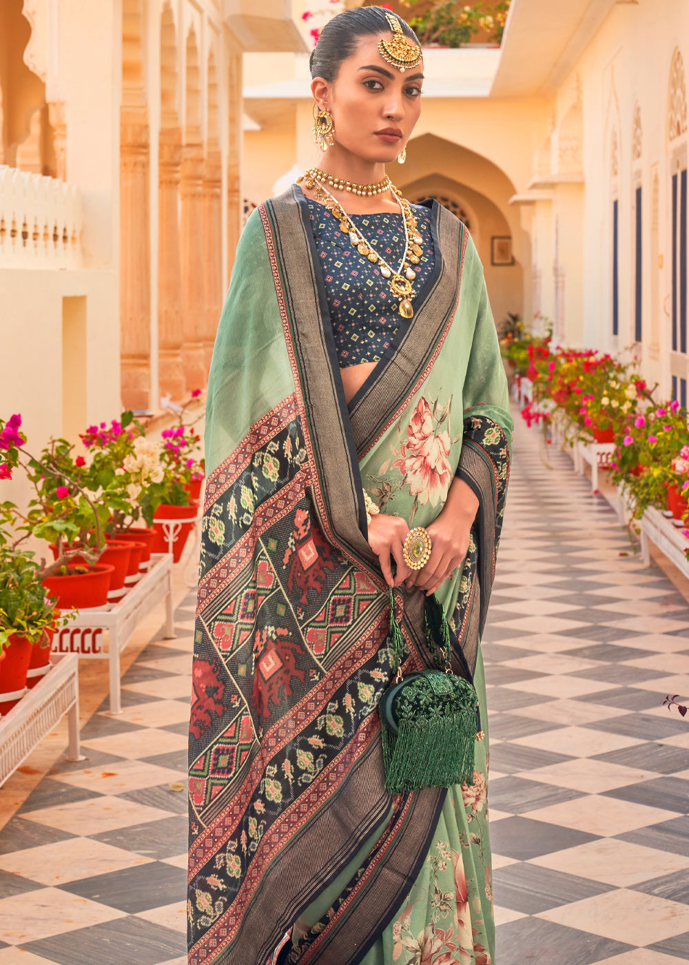 Buy MySilkLove Sage Green Printed Chiffon Patola Silk Saree Online