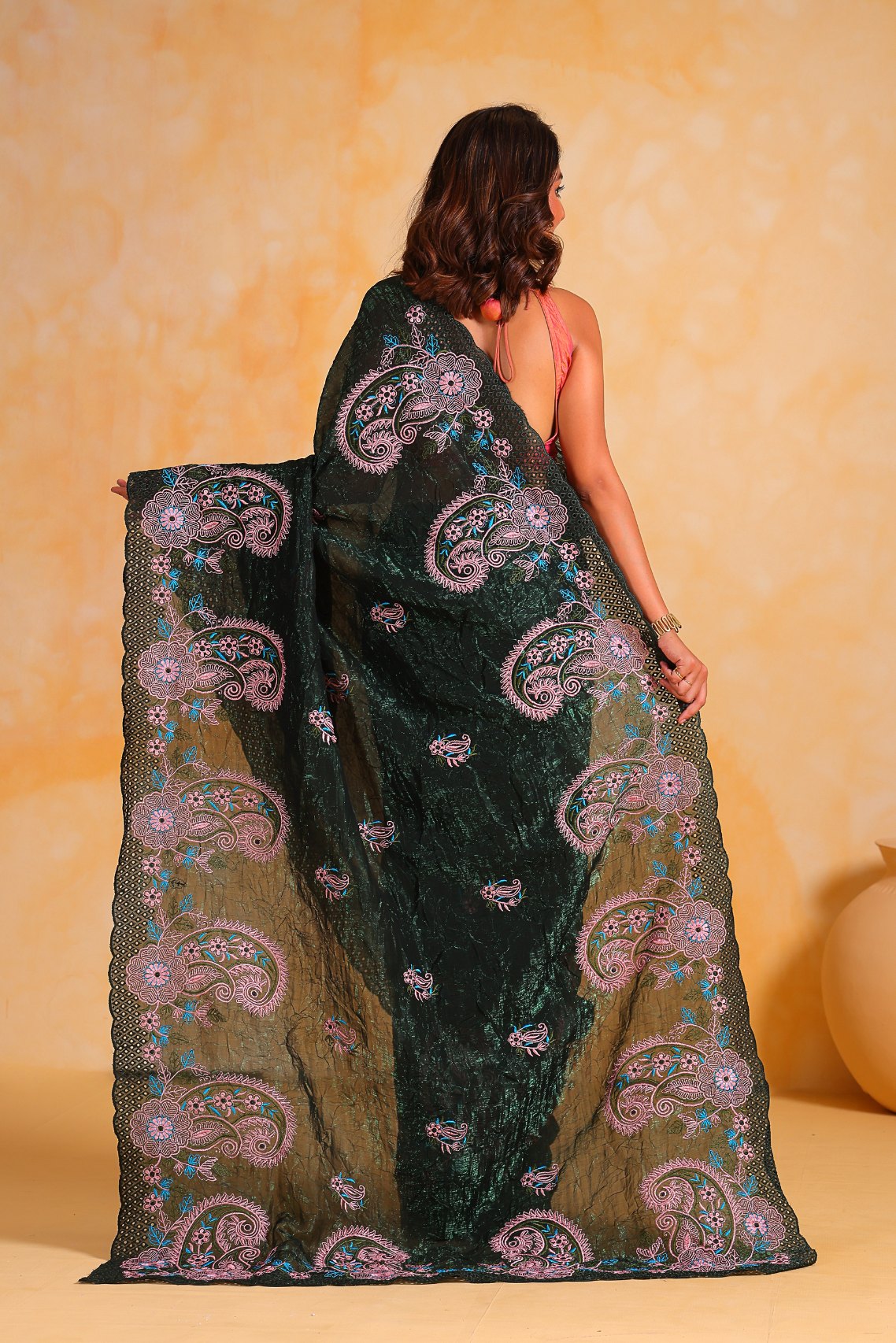 Buy MySilkLove Charleston Green Embroidered Georgette Saree Online