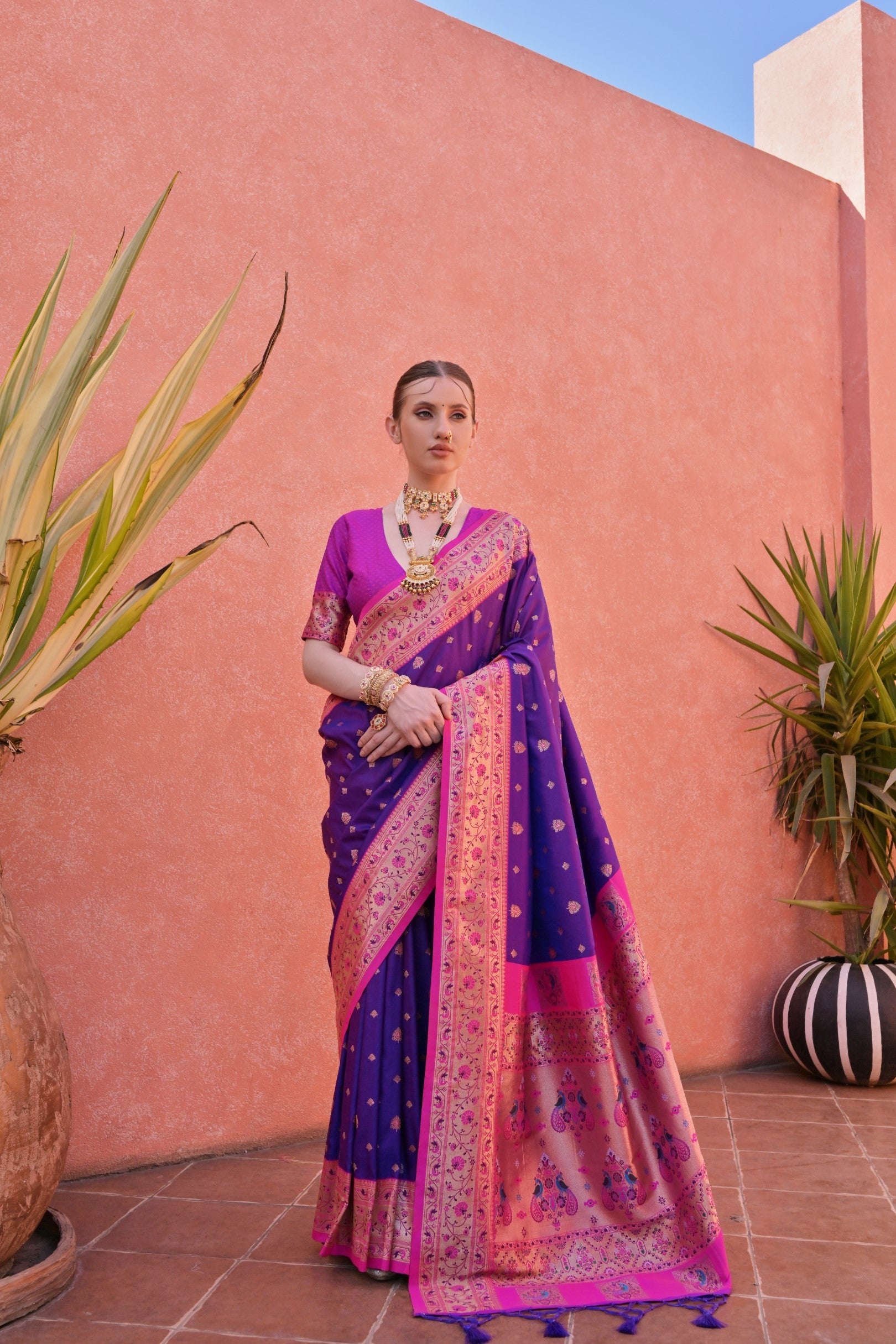 Buy MySilkLove Daisy Bush Purple and Pink Zari Woven Paithani Saree Online