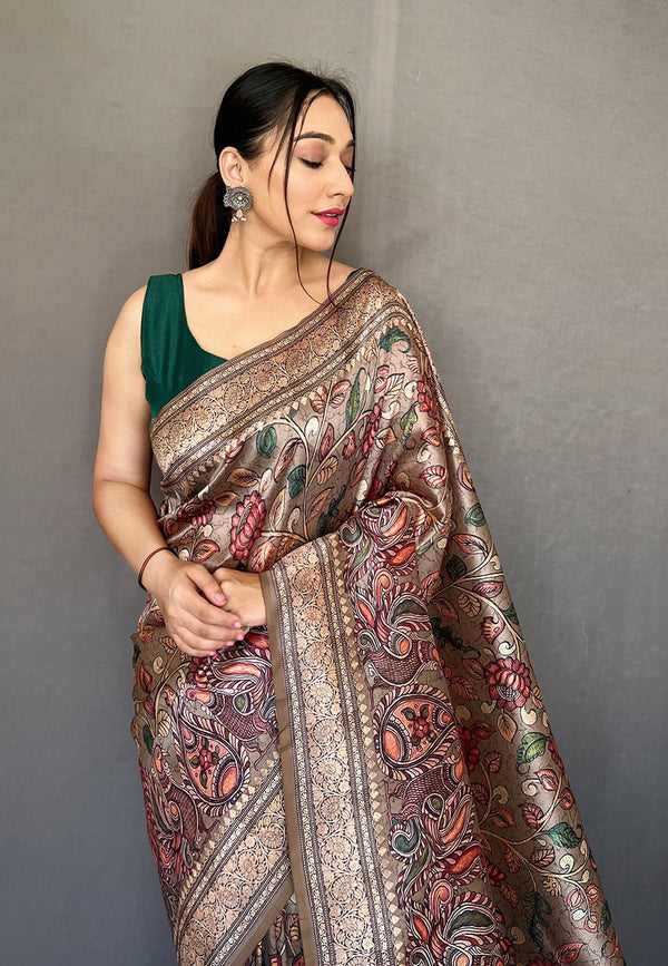 Dune Grey Soft Kalamkari Printed Silk Saree